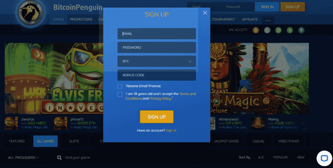 Bitcoin Penguin Casino Reviews - Signup is easy