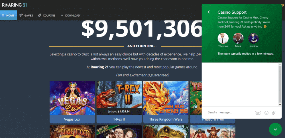 Roaring 21 review - Live chat support facility