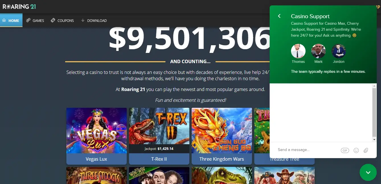 Roaring 21 review - Live chat support facility Roaring 21 review - Live chat support facility