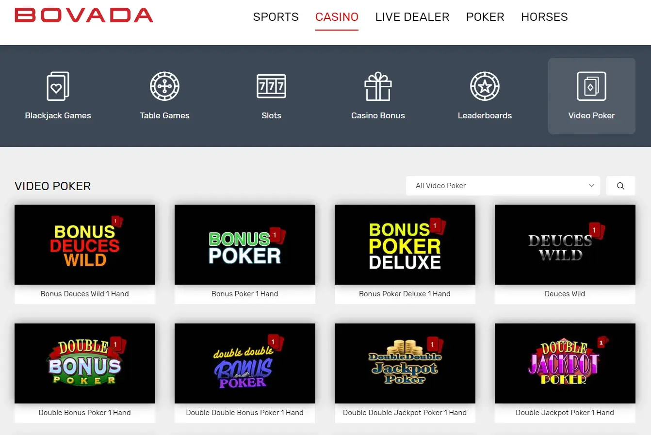 Bovada Video Poker Games