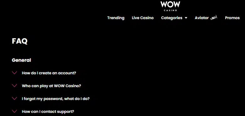 WOW Casino FAQ Support