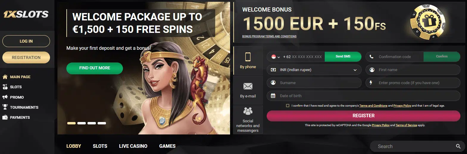 1xslots Casino User Interface