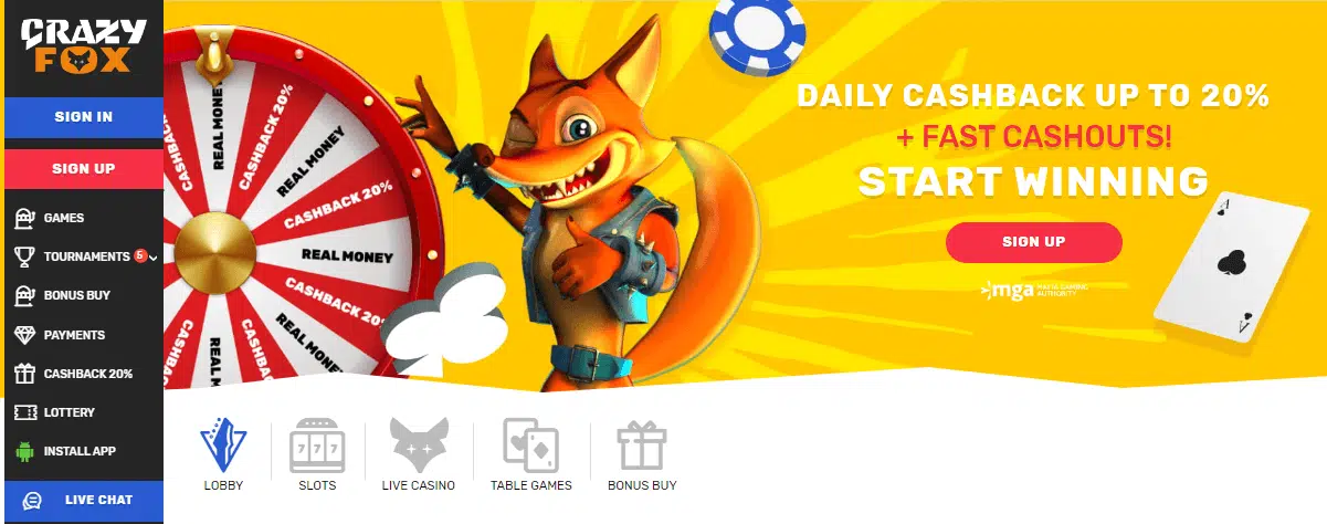 Crazy Fox Casino User Interface Crazy Fox Casino User Interface