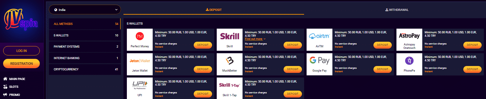 JVSpin Casino Payment Methods