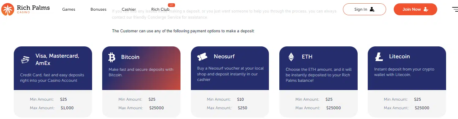 Rich Palms Casino Deposit Options