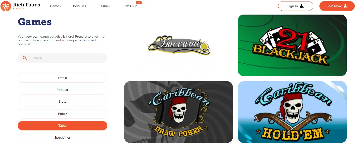 Rich Palms Casino Table Games