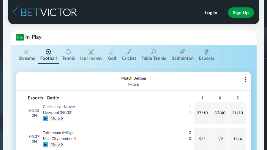 BetVictor In-Play Games