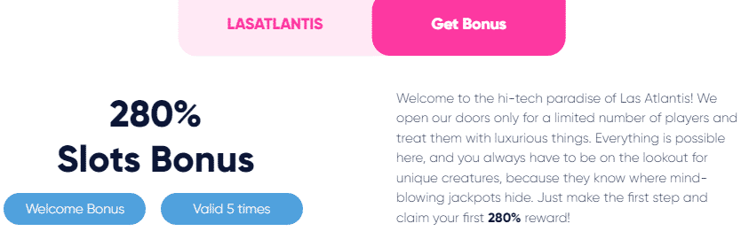 Las Atlantis 280% Slot Welcome Bonus