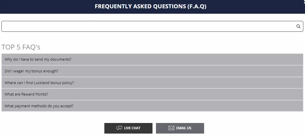 LuckLand Casino FAQ Support