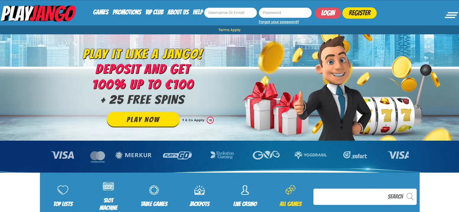 PlayJango Casino User Interface