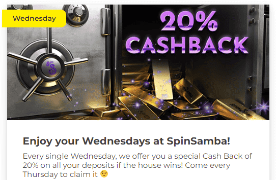 Spin Samba 20% Wednesday Cashbacks Offer