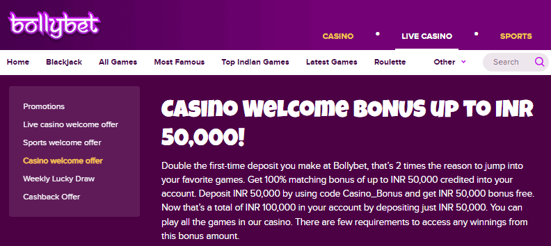Bollybet Casino Welcome Bonus
