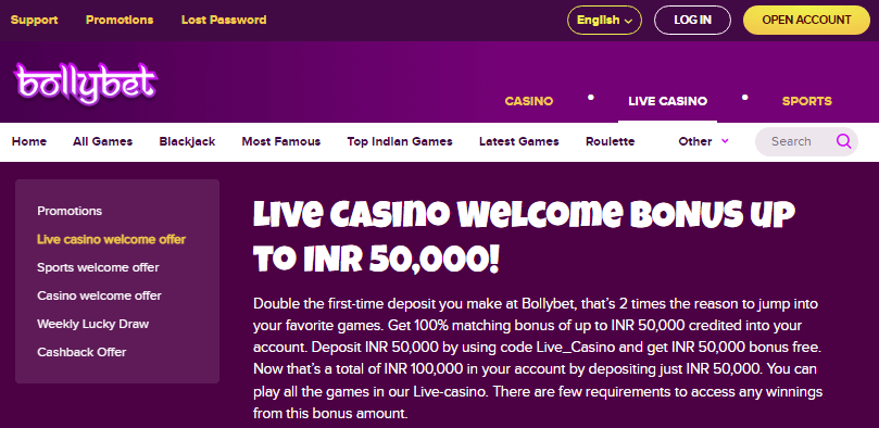 Bollybet Live Casino Welcome Bonus