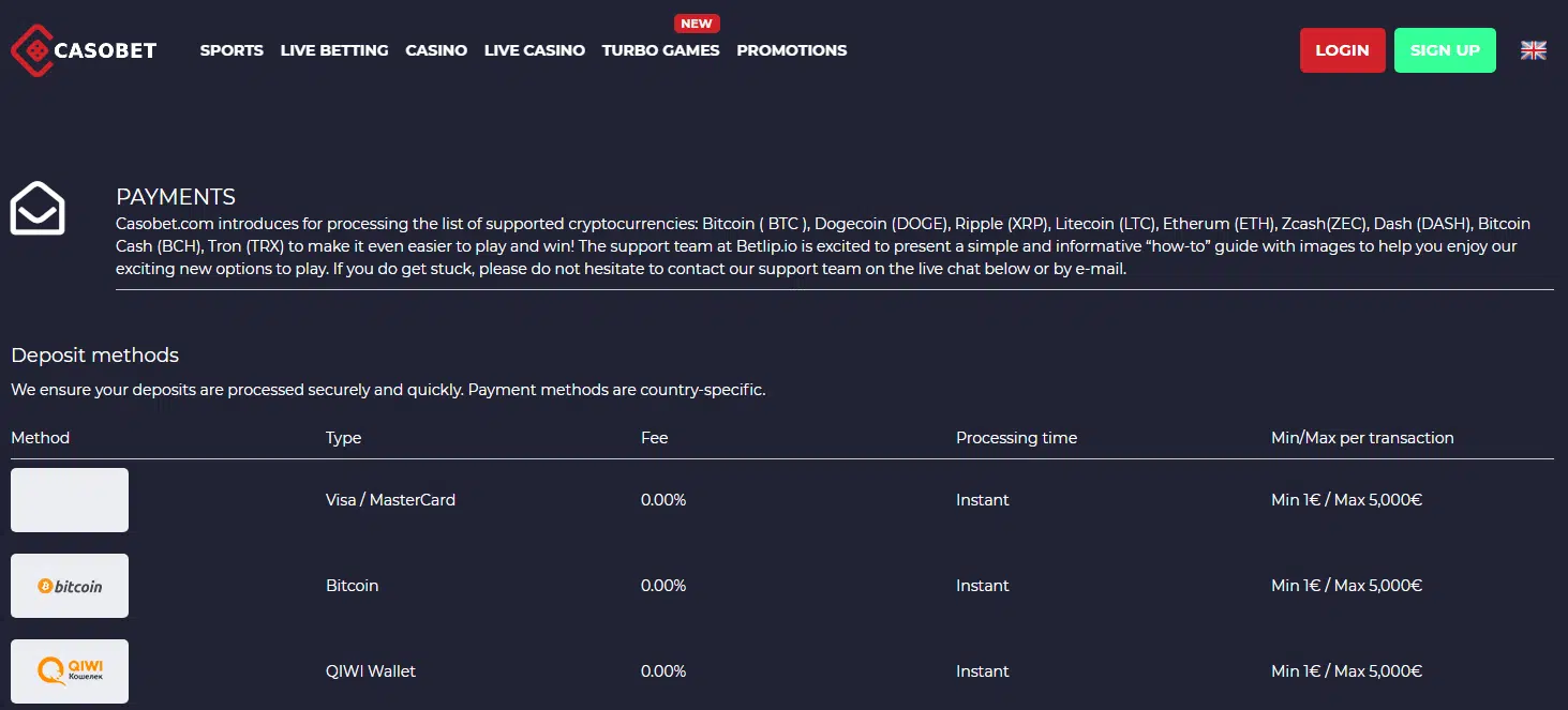 Casobet Payment Methods Casobet Payment Methods