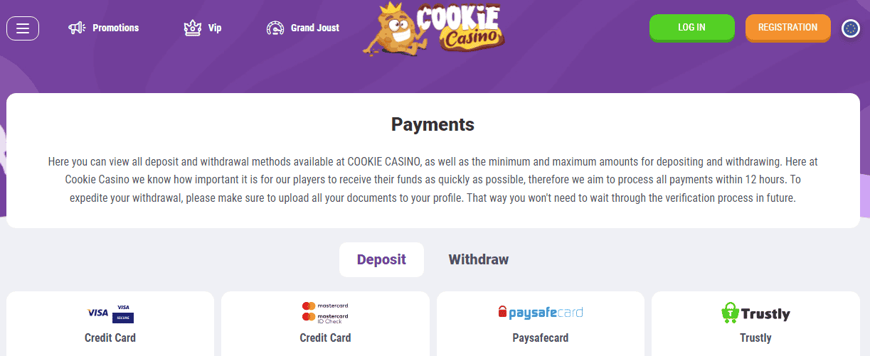 Cookie Casino Payment Methods