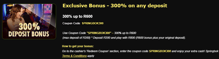300% on Any Deposit Offer by Springbok Casino
