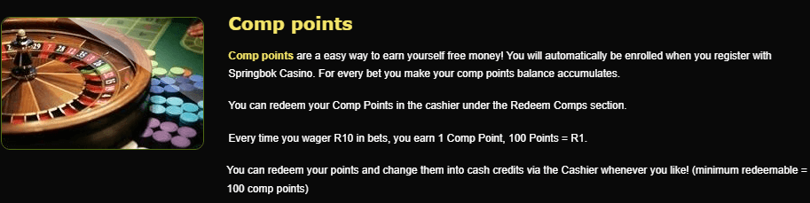 Comp Points Offer by Springbok Casino