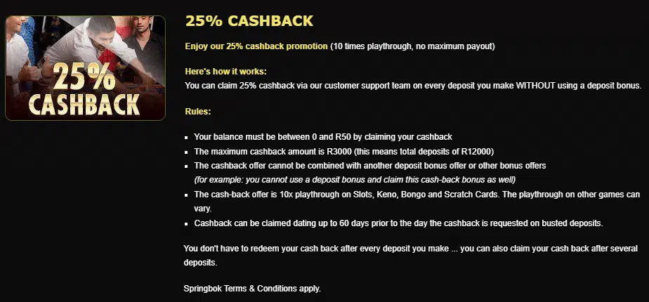 Springbok Casino 25% Cashback Offer Springbok Casino 25% Cashback Offer