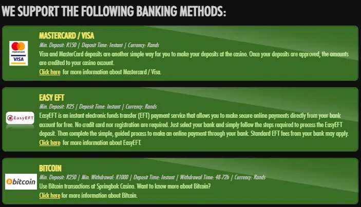 Springbok Casino Payment Methods Springbok Casino Payment Methods