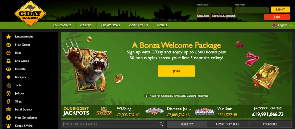 Gday Casino - User Interface