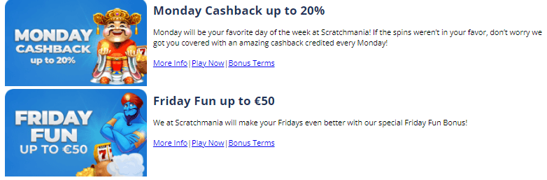 Monday Cashback & Friday Fun Bonuses by ScratchMania