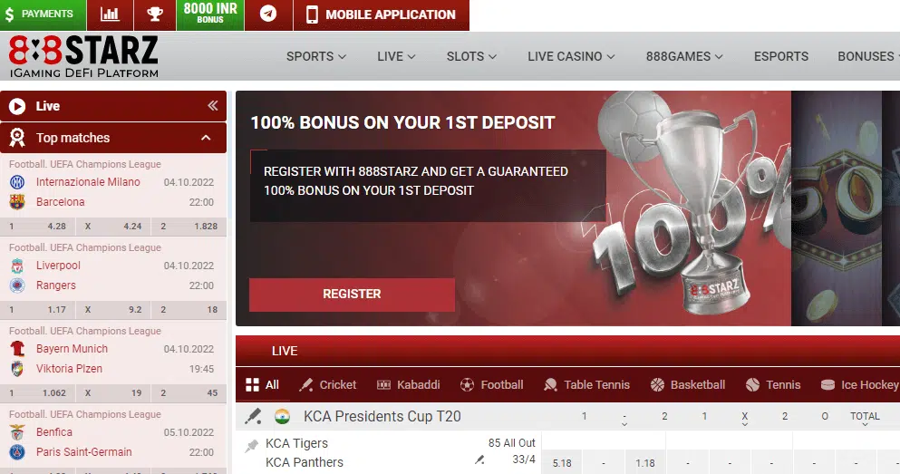 888Starz User Interface