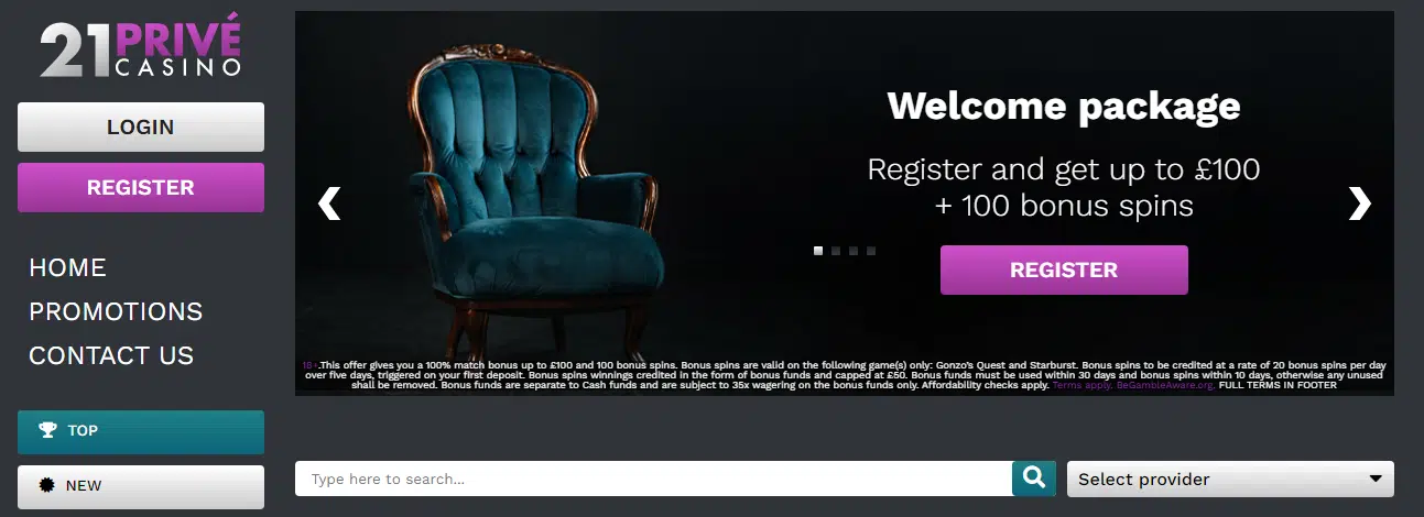 21Prive Casino User Interface