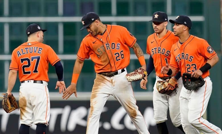 Astros win a tense game five, heads home one win from title