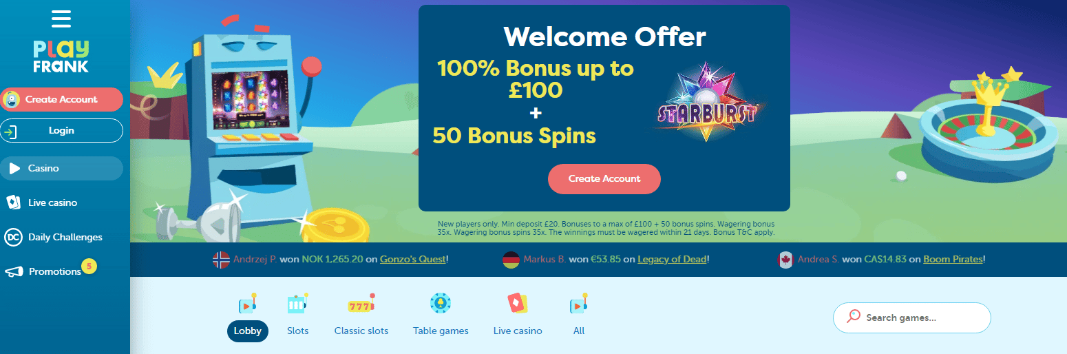 PlayFrank Casino User Interface