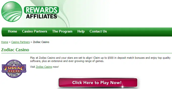 Zodiac Casino Affiliate Program via Rewards Affiliates