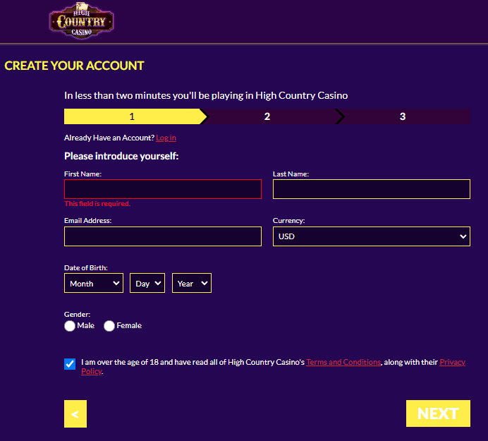 High Country Casino - Sign Up Process