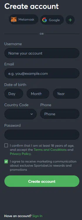 Sportsbet.io Sign Up Process