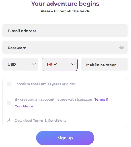 Tsars Casino Sign-Up Process Tsars Casino Sign-Up Process